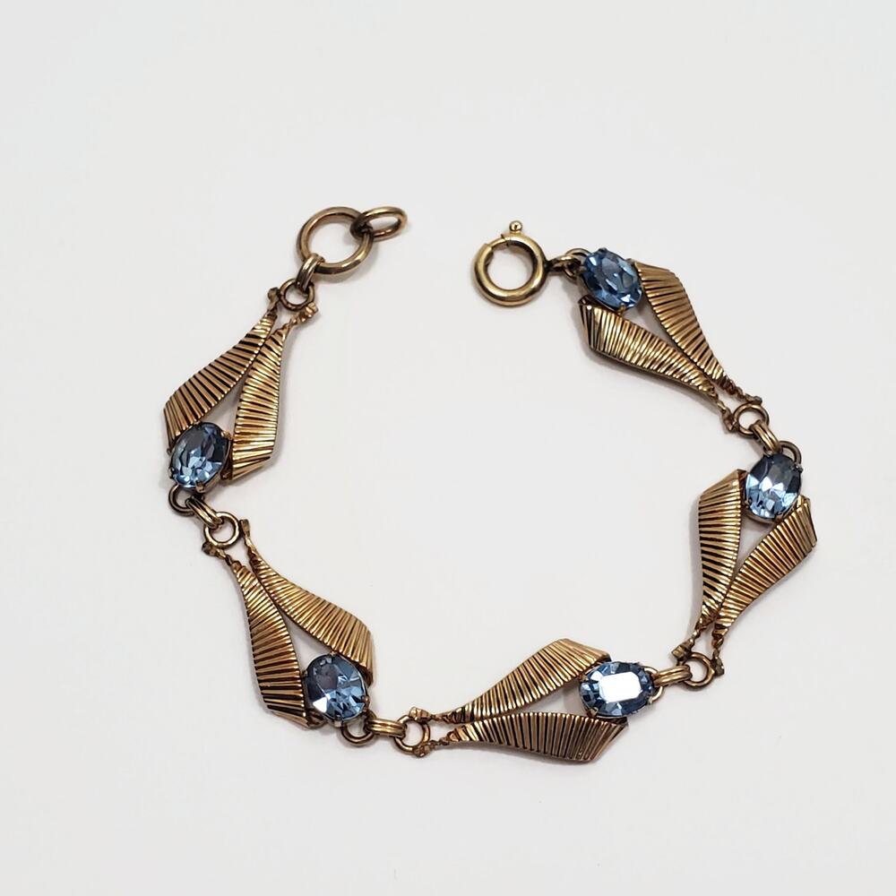 Vintage Van Dell Gold Filled Blue Glass Stone Panel Link Bracelet 7"